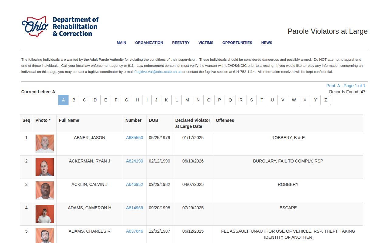 ODRC Violators at Large lookup for Wood County parole supervision