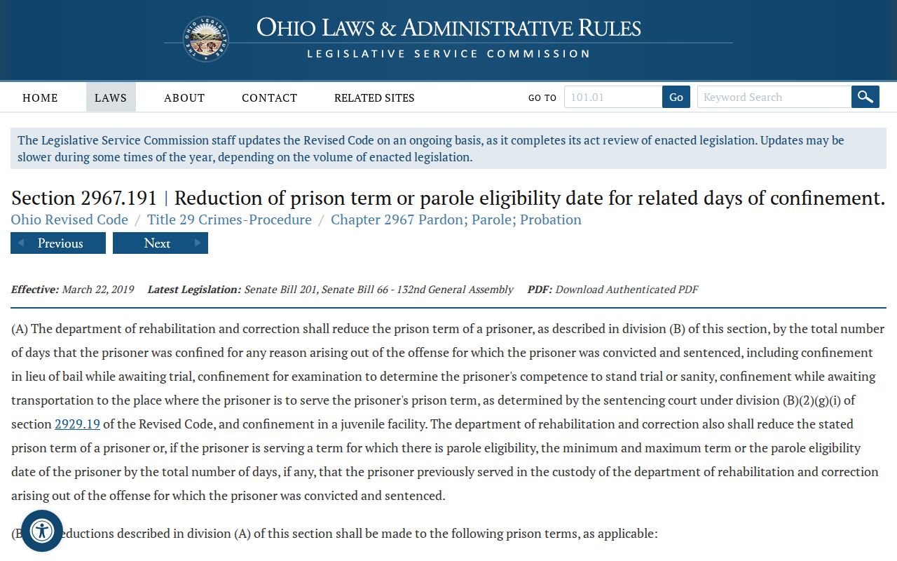 Ohio jail-time credit statute for Wood County release date computation