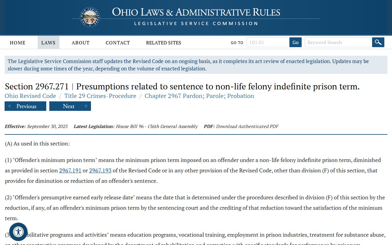 Ohio indefinite-term statute affecting Wood County projected release dates