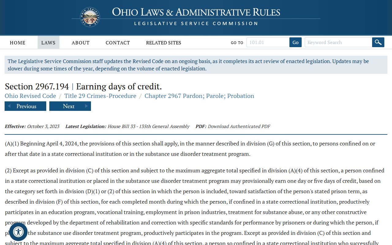 Ohio earned-credit statute used in Wood County projected release date review