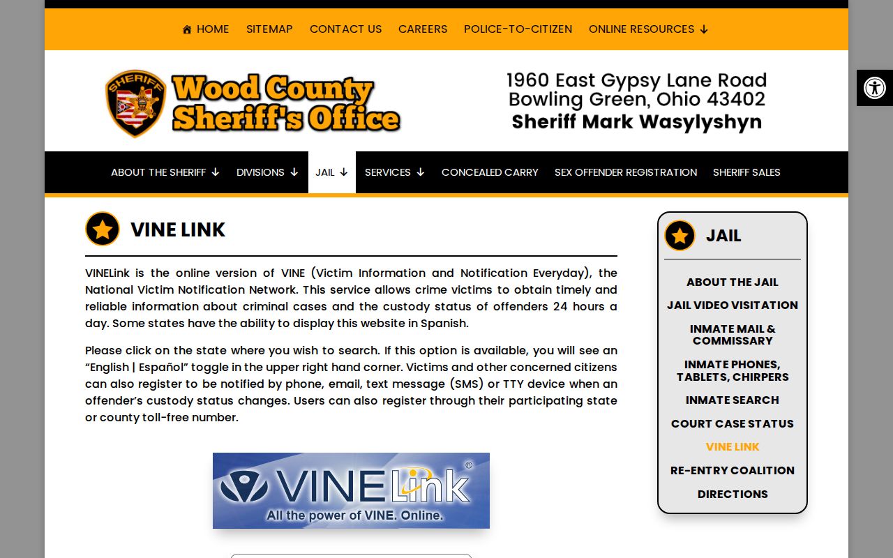Wood County VINELink inmate check landing page